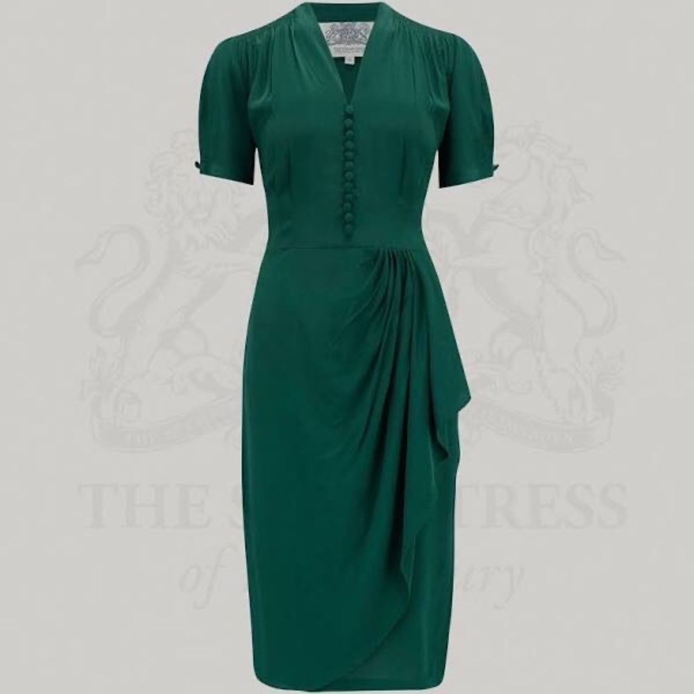 Seamstress of Bloomsbury Emerald Green Waterfall Vintage Dress